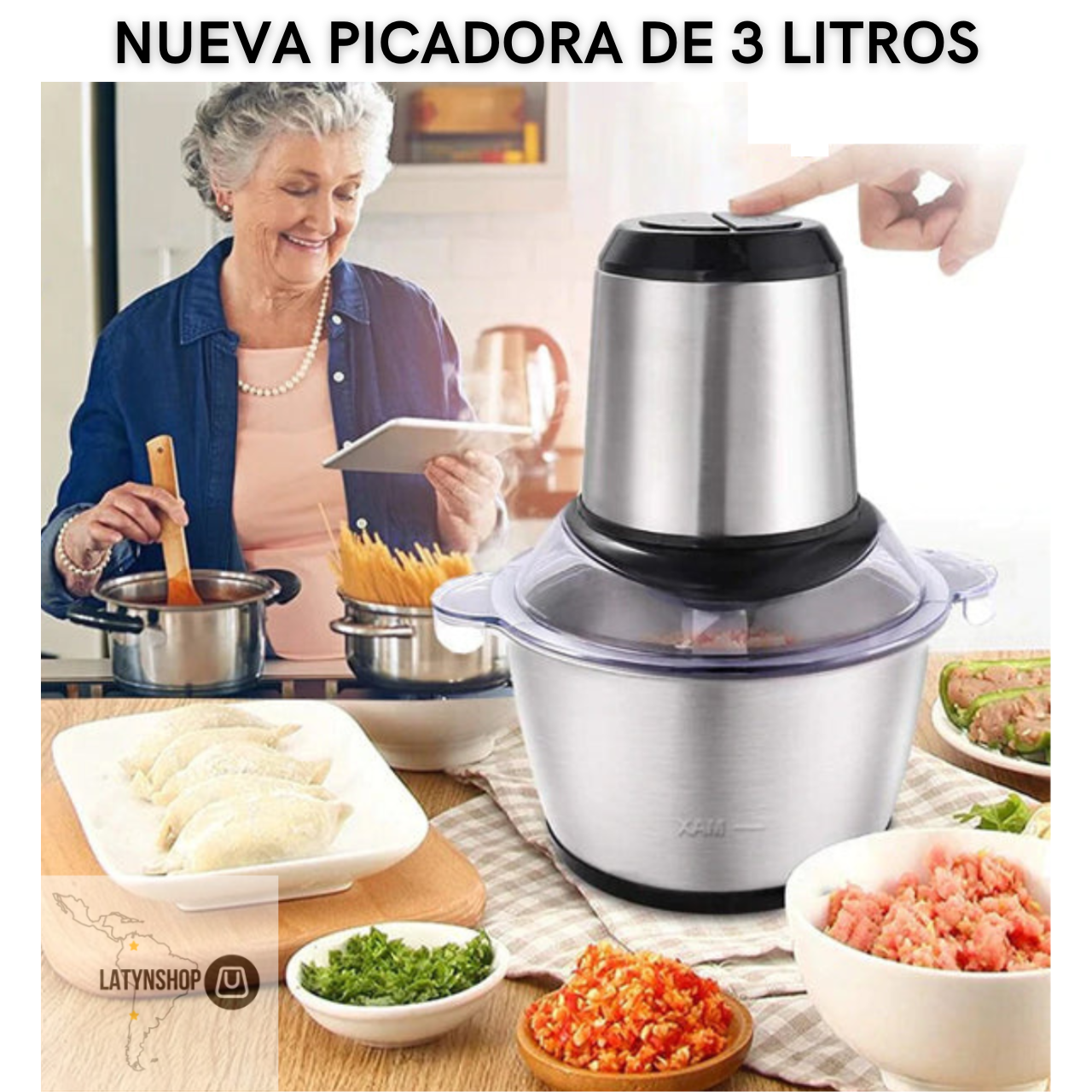 Picador Procesador de Alimentos Multifuncional 3 LITROS - 4 Hojas de Acero Inoxidable, Fácil de Limpiar, Compacto y Duradero!